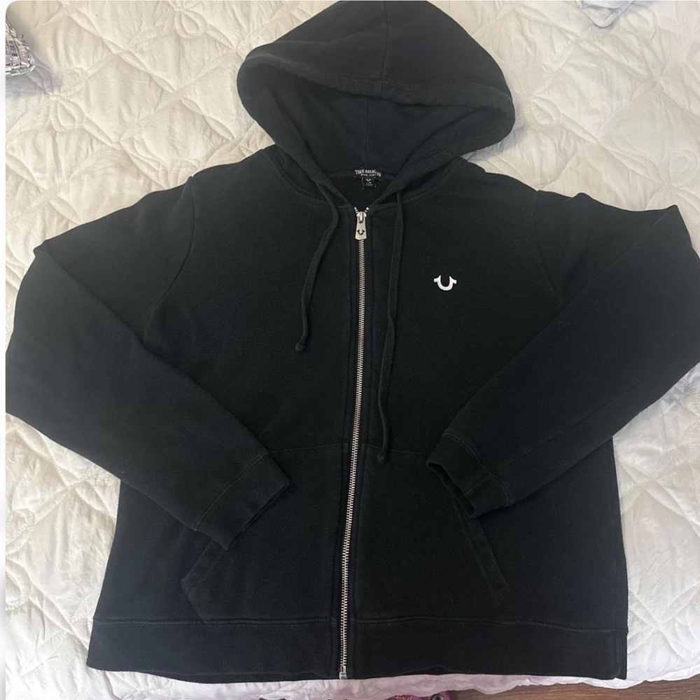 True Religion Black Full-Zip Hoodie with Horseshoe Zipper Pull